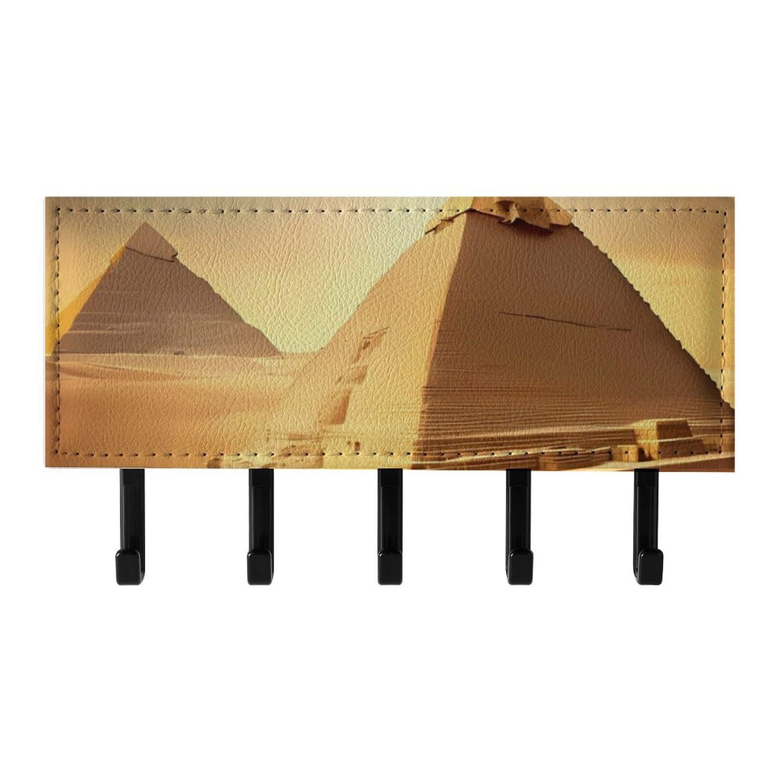 QMNLKH Egyptian Pyramid in Desert Wall Mounted Key Rack for Home, No Drilling Key Holder with 5 Hooks, Self Adhesive Keys Chain Organizer for Hallway, Keys Hanger Shelf for Office, Doorway Black
