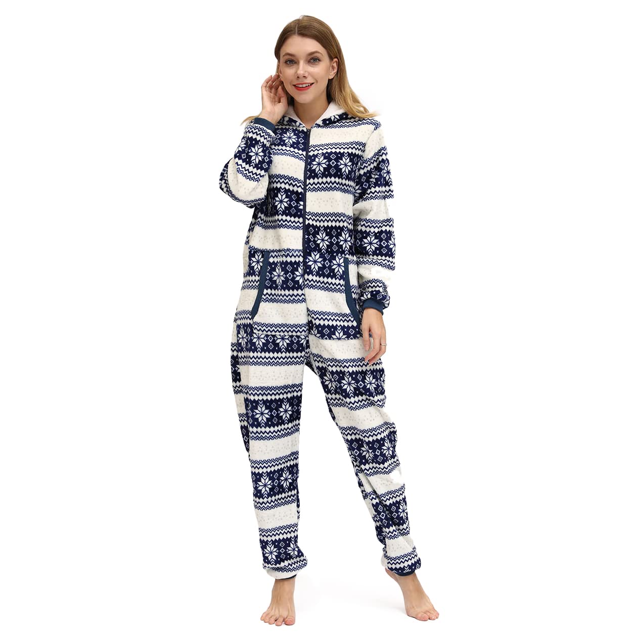 Tuta da donna per Natale, inverno, calda, tuta intera per adulti, cosplay, in pile, con cappuccio e chiusura lampo