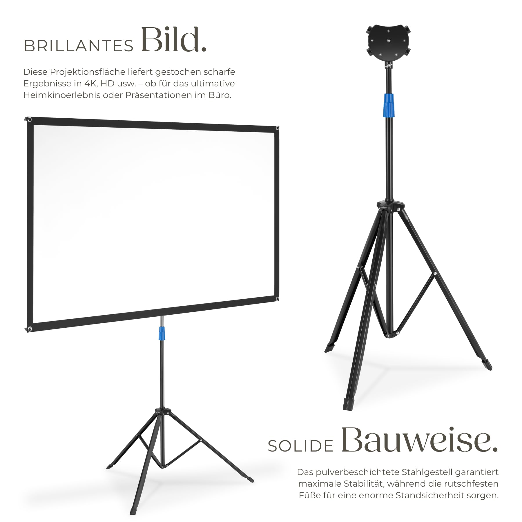 tectake® Beamer-Leinwand 72 Zoll mit Stativ, 160x90cm, Format 16:9, 4K HD, 160° Betrachtungswinkel, Gain Faktor 1.0, Projektionswand, Projektionsleinwand, Heimkino, Leinwand, mit Tragetasche