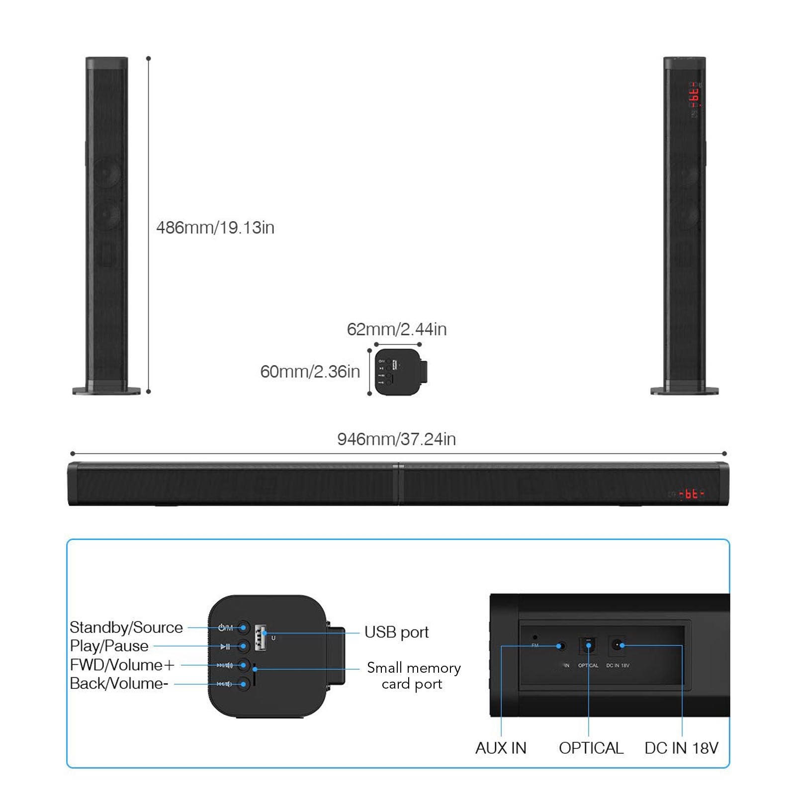 Odłączany Głośnik do Telewizora, Odłączany Soundbar 2 W 1 ze Wzmocnieniem Głośności o 40 W, Bas 3D Surround, Bluetooth 5.0, Optyczne Wejścia AUX USB, Pilot Zdalnego Sterowania (wtyczka UE)