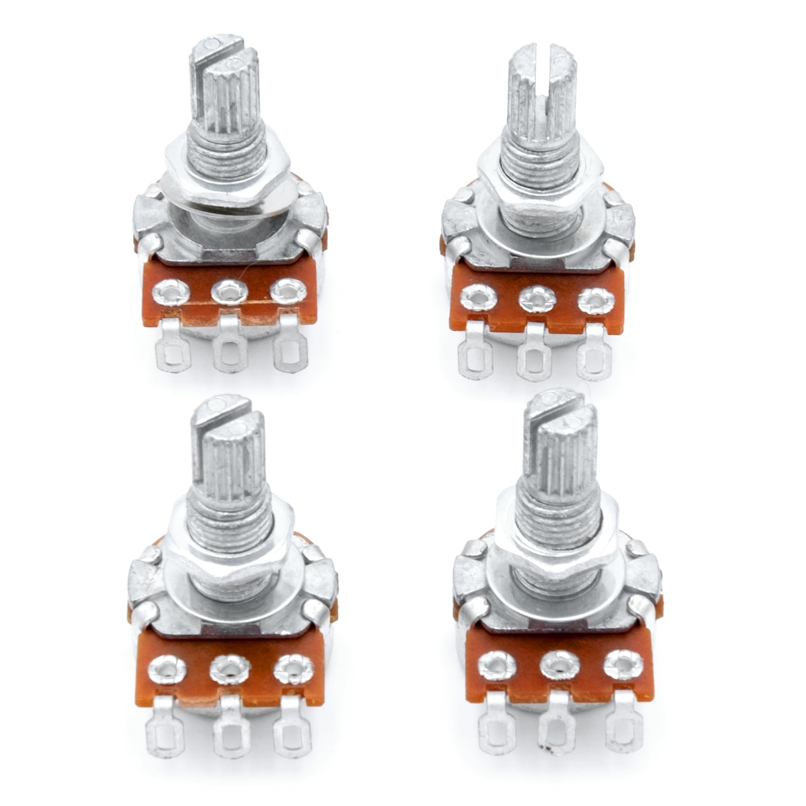 Xuxing 4PCS Mini Guitar Potentiometer Audio Volume Taper Pots for Fender Stratocaster Telecaster Guitar Bass Replacement (A250K, Long 18mm Shaft)