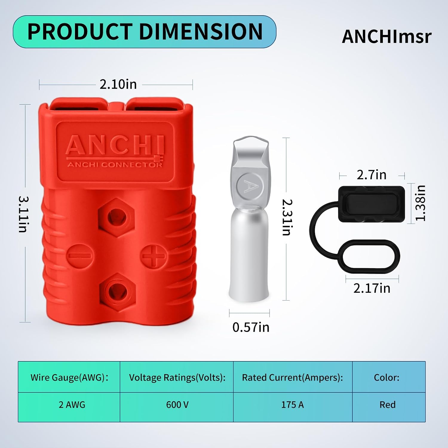 175 Amp Power Quick Disconnect Connector, 600 V, 2 AWG Jumper Cable Connect/Disconnect Plug for Recovery Winch, Towing Systems,with Dust Cover, 4 PC Red