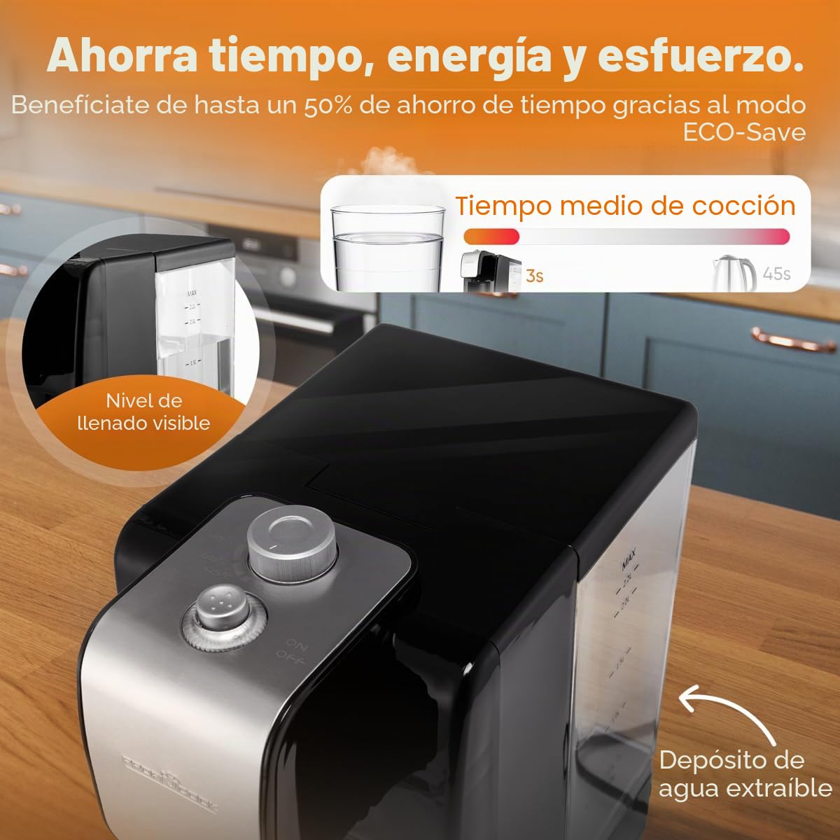 ProfiCook PC-HWS 1168 - Dispensador de agua a alta velocidad (100 °C, aprox. 3 segundos, ajuste de temperatura variable de 45 °C a 100 °C, hasta 2,2 litros de capacidad, inserto de acero inoxidable.