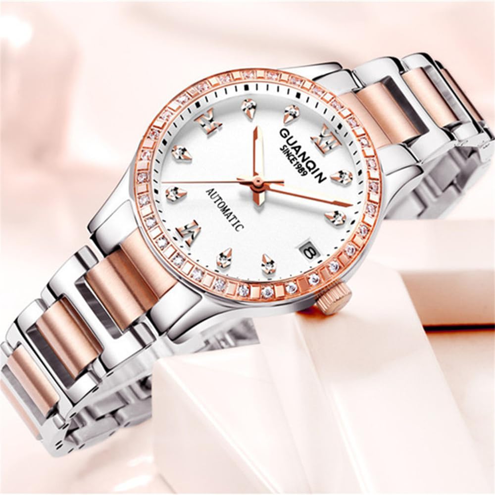 Guanqin Vintage Frauen Kalender Leuchtend Automatisch Selbstaufzug Mechanische Armbanduhr Saphir Kristall Strass Business Wasserdicht Uhr Lady Stilvolle Edelstahl Armbanduhr