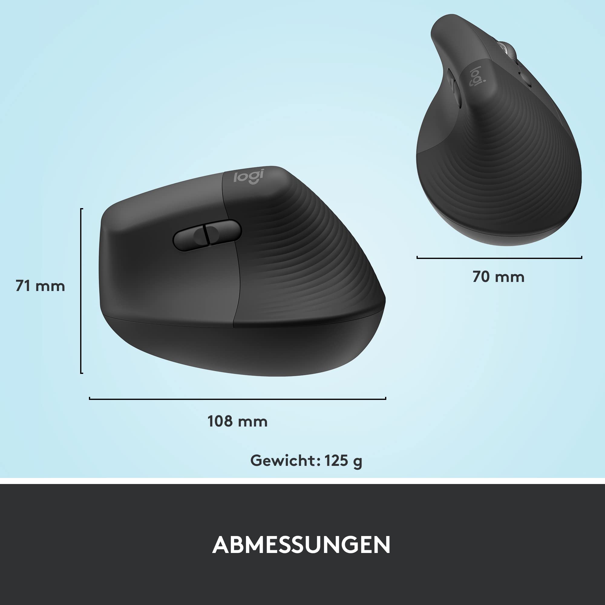 Logitech Lift Vertikale Ergonomische Maus, Kabellos, Bluetooth oder Logi Bolt USB-Empfänger, Leise Klicks, 4 Tasten, Kompatibel mit Windows/macOS/iPadOS, Laptop, PC - Grau