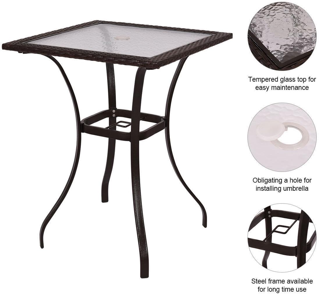 Square Patio Table with Umbrella Hole Outdoor Steel Frame Patio Table Glass Top