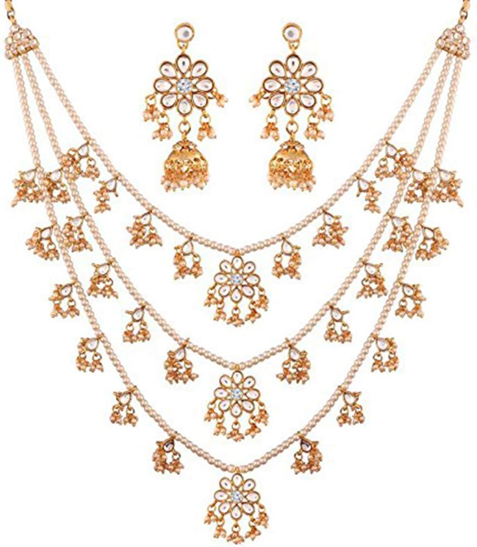 Ethnic Layered Faux Pearl Kundan Necklace Earring Set Indian Traditional Rani Har Wedding Bollywood Bharatanatyam jewellery set Gift for Women