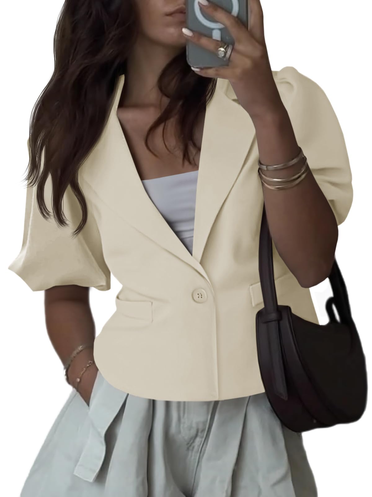 Cicy Bell Womens Puff Short Sleeve Blazers Business Casual Button Down Lightweight Suit Jackets