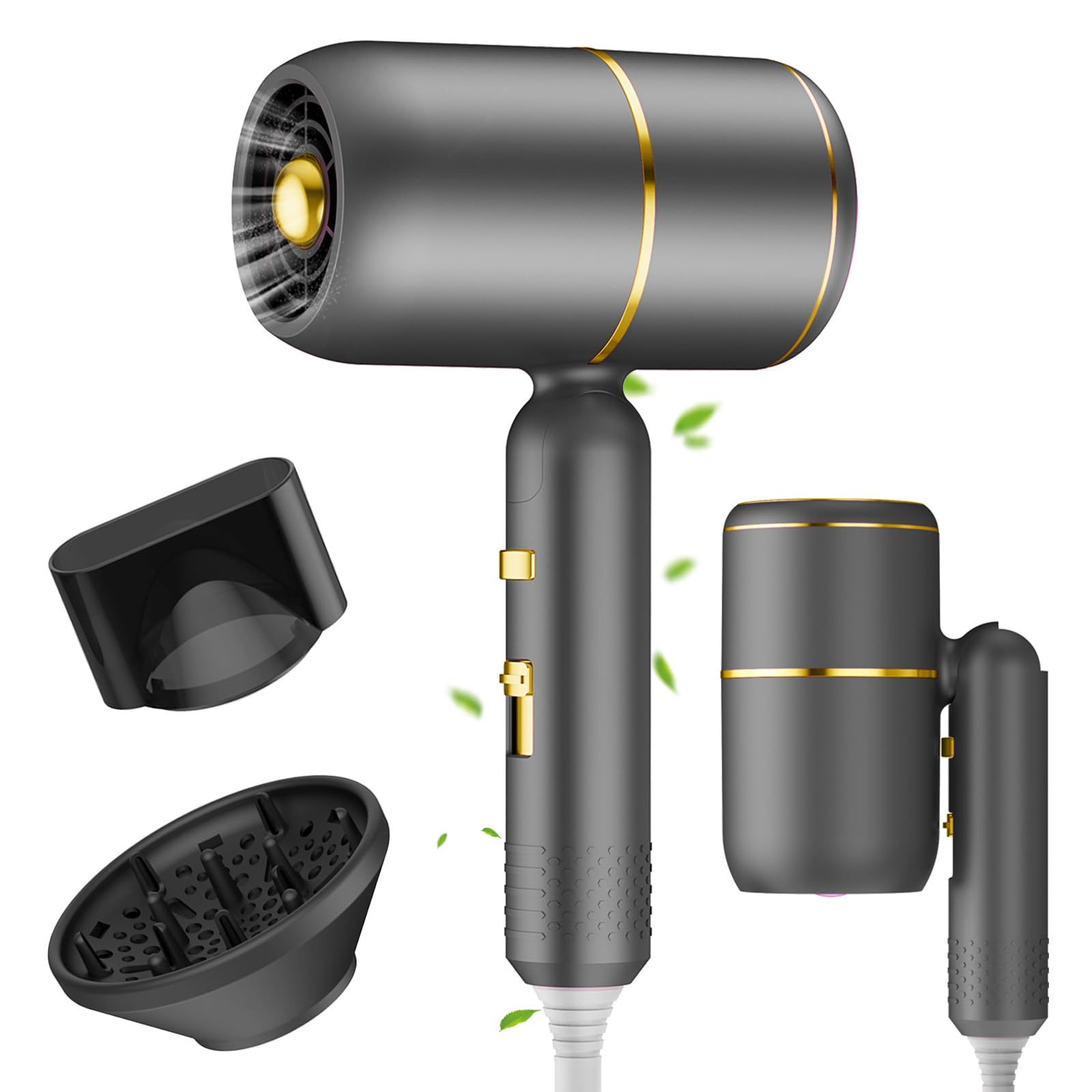 Sèche-Cheveux Pliable Moteur AC 2400W Ionique Anti-Frisottis | 3 Temp. + 2 Vit. + Air Froid | Diffuseur & Concentrateur | Silencieux Double Voltage