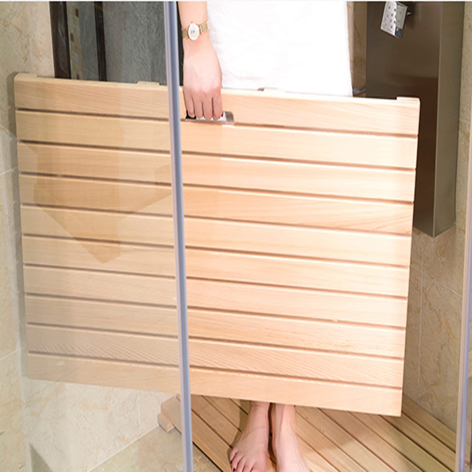 Tappeto per Piedi per Pavimento Doccia Naturale,Pedana Doccia Antiscivolo in bambù,Accessori da Bagno in bambù,Design a Doghe,per Una Facile Conservazione,con Drenaggio (75x75cm/30x30in)