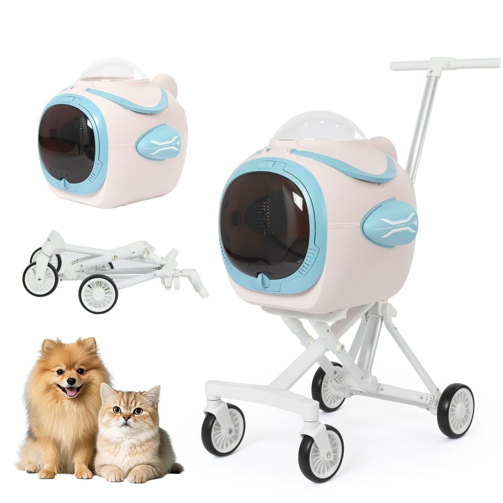 4 in 1 Foldable Pet Stroller with Detachable Carrier for Small Dogs & Cats, Space Capsule Travel Stroller with Inbuilt Fan,Temperature Display & Night Light,Puppy Kitty Doggie Bunny Stroller(Pink)