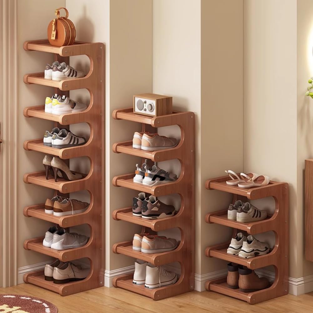 Zapatero de bambú de 8 niveles para armario, estante marrón multifuncional con conectores de cierre de tornillo, 30 x 20 x 117 cm, ideal para niños pequeños