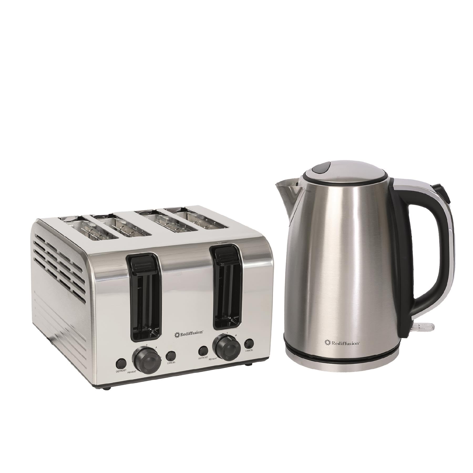 Rediffusion Kettle & Toaster Set, Stainless Steel, Brushed & Polished Finish, 1.7L Rapid Boil Kettle, 4 Slice Toaster with 6 Browning Settings, Cancel, Defrost, Reheat, Auto Shut-Off - REDKT174SB