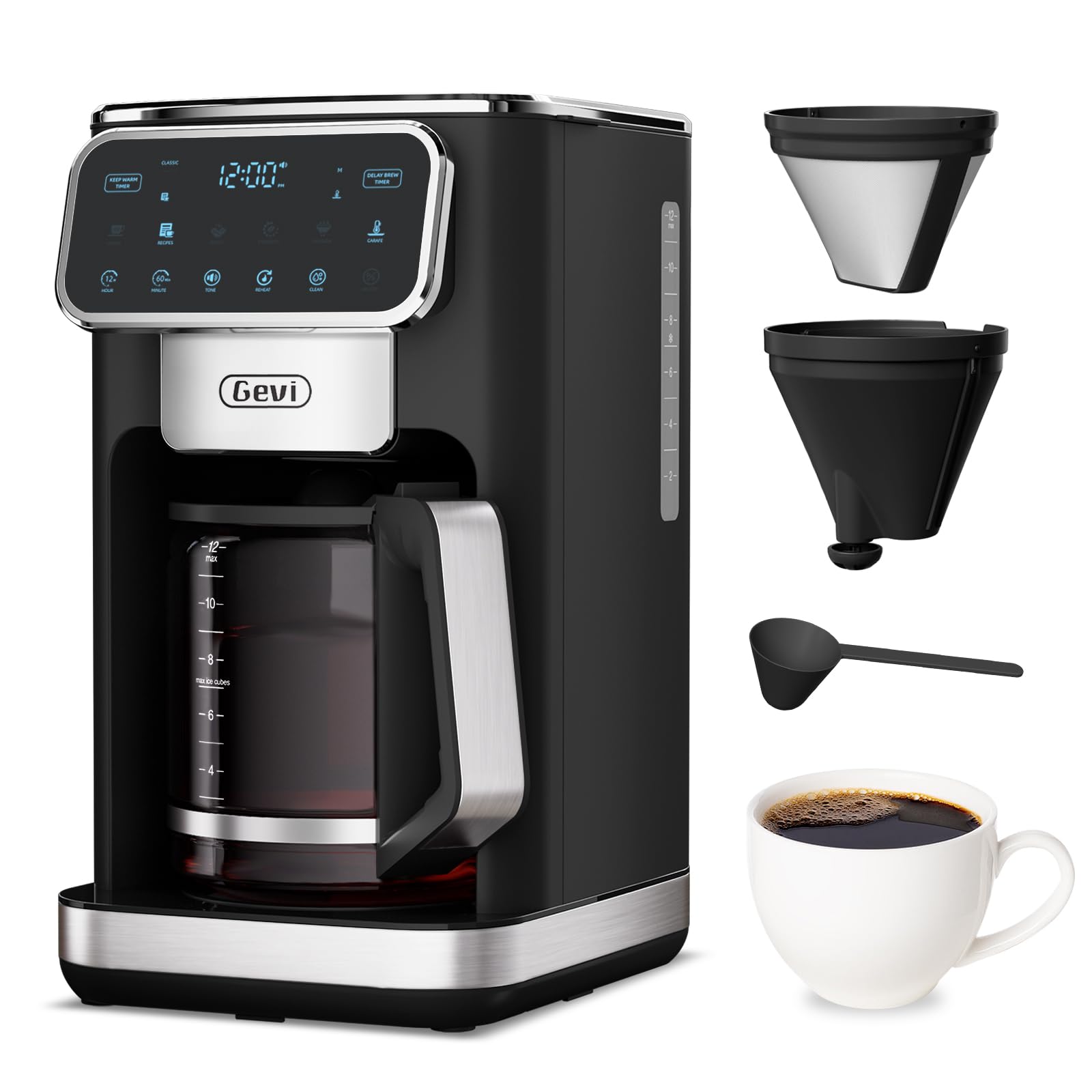 Gevi 12-Cup Programmable Coffee Maker with Touch Screen Reusable Filter Smart Drip Coffee Machine with Anti-Drip System Perfect