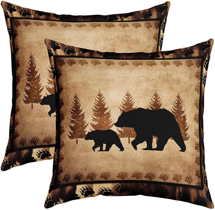 Juego de 2 fundas de almohada de oso de 18 x 18 pulgadas, fundas de cojín suaves de animales salvajes para sofá, cabaña rústica, campo, naturaleza,