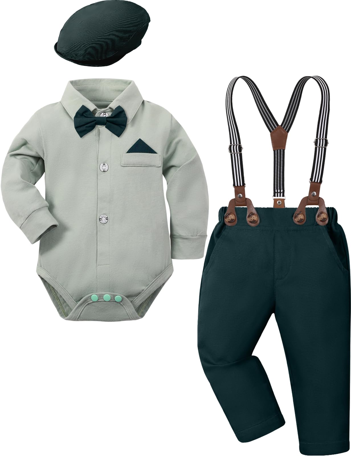 mintgreen Bebé Niño Traje 3PCS Caballero Boda Ropa Formal Camisa Conjunto Tirantes Pajarita Corbata con Sombrero 3-18 Meses