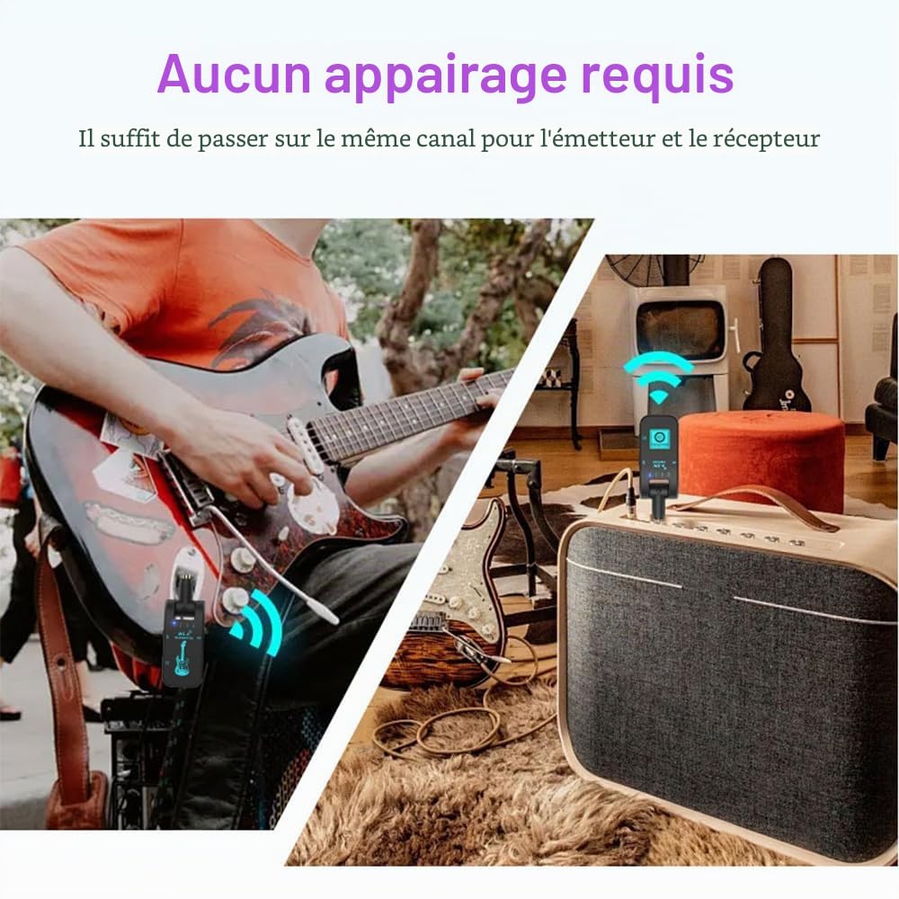 Kavolet Système de guitare sans fil 2,4G, émetteur et récepteur de guitare rechargeables, avec 10 heures d’autonomie de batterie, Plug and Play, transmission en temps réel 48K/16bit, connecteur