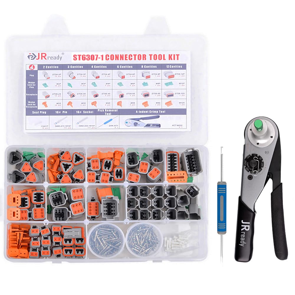 JRready Deutsch Connector Kit, DTM 2 3 4 6 8 12 Pin Connectors with Deutsch Crimp Tool ACT-M202, Size 20 Solid Pins Support Wire Gauge 16-22AWG