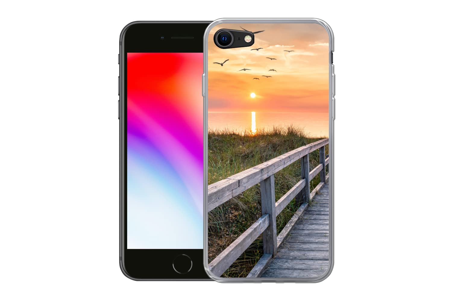 MuchoWow Funda para iPhone 7 - Puesta de Sol - Mar - Camino - Hierba - Duna - Pájaros - Funda de Silicona/Funda Blanda para teléfono móvil
