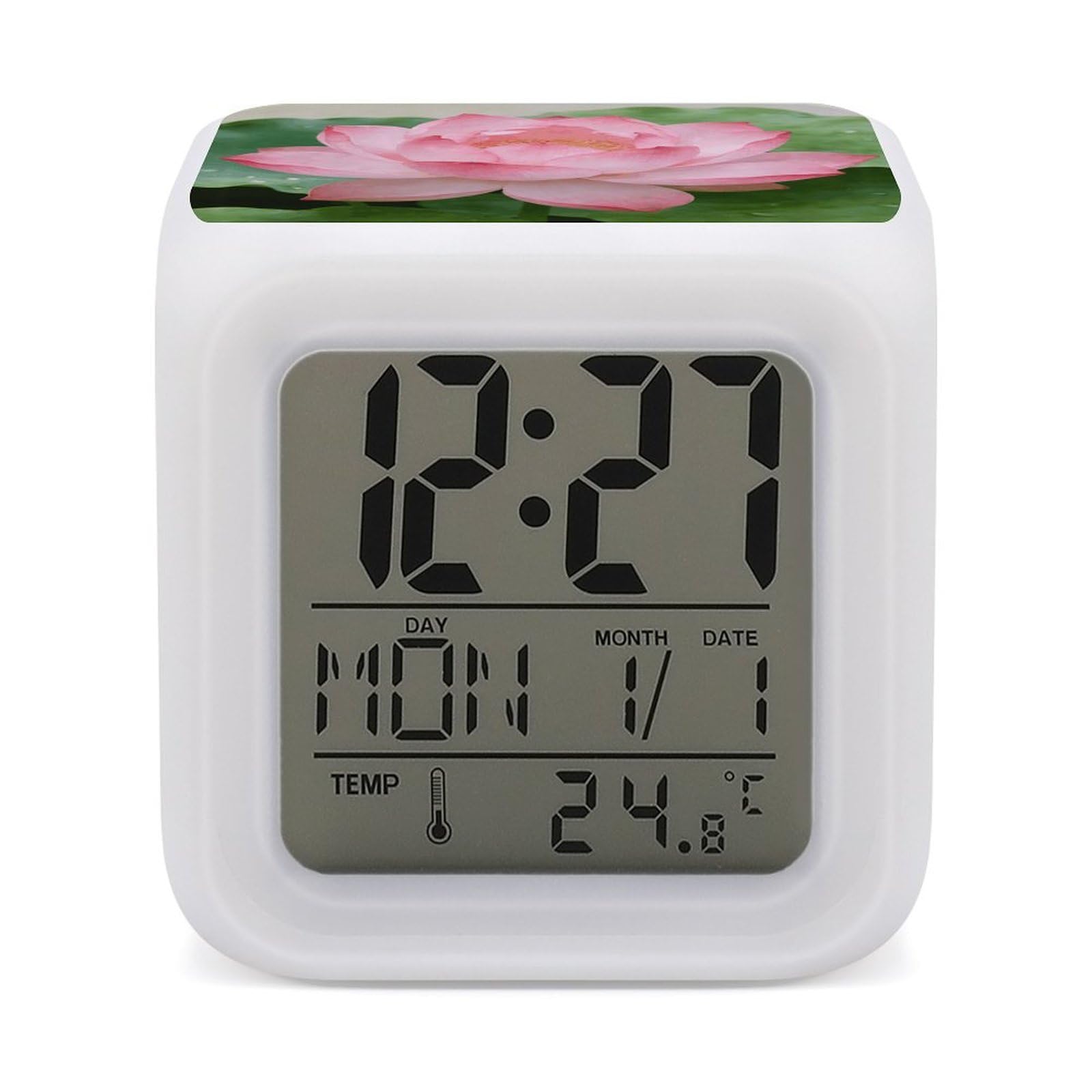 LZQPOEAS Displaying Alarm Clock with 7 Color Changing Nightlight for Bedroom Calendar Temperature Display Wake Up Digital Clock Small Desk Clocks for Heavy Sleepers Adults