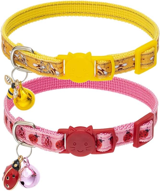 EXPAWLORER Cat Collar - 2 Pack Cute Bee & Ladybird Pattern Adjustable Collars Breakaway with Bell