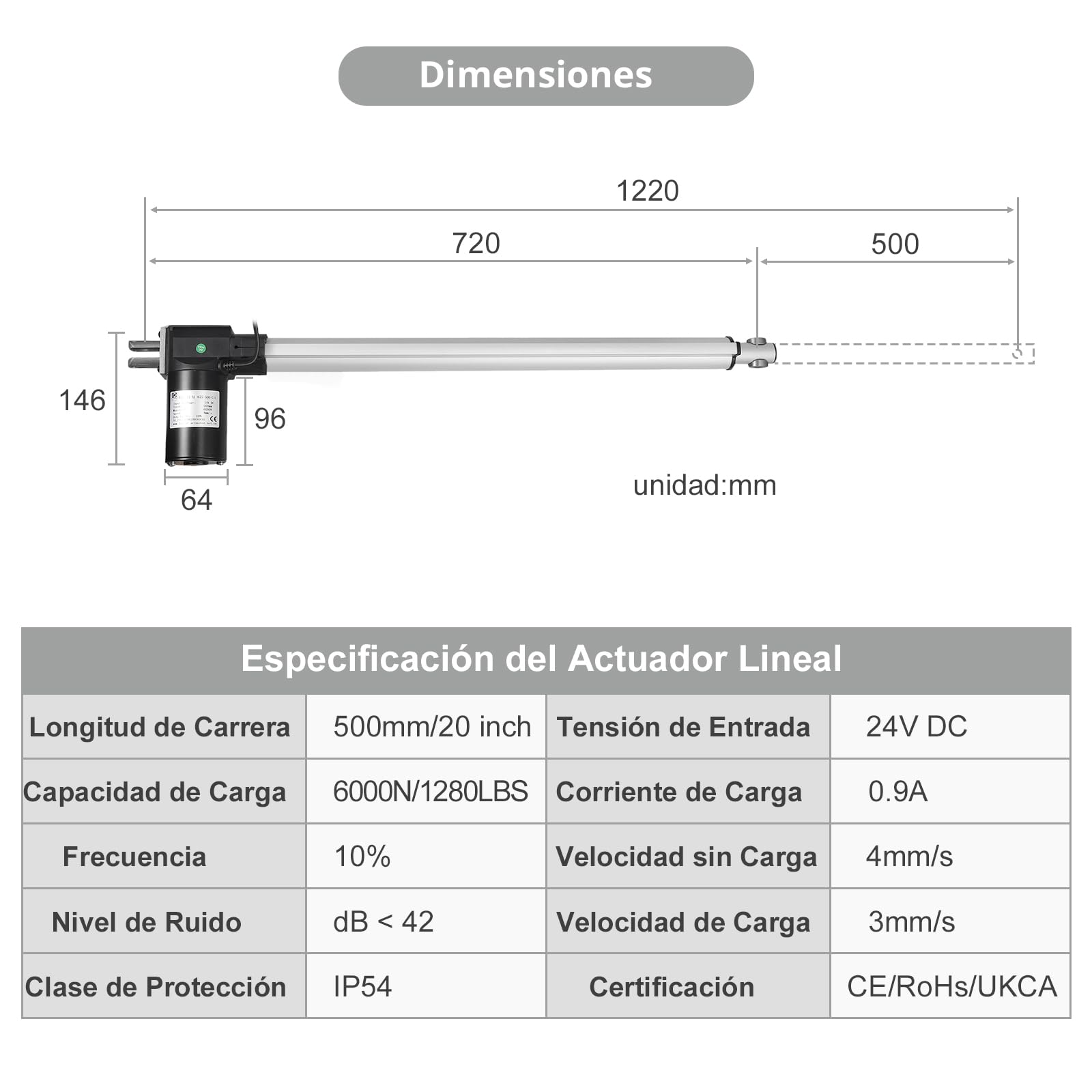 Justech DC 24V Actuador Lineal Motor 6000N 500mm Abridor Eléctrico de Puerta