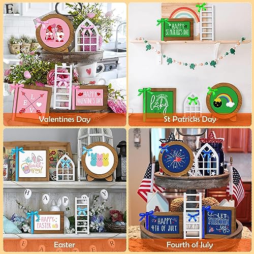 Farmhouse St Patricks Day Tiered Tray Decor Set - Interchangeable Seasonal Holiday Rustic Wooden Frames with Cards, Mini Arch, Ladder for Home Kitchen Table Easter Decorations Centerpiece