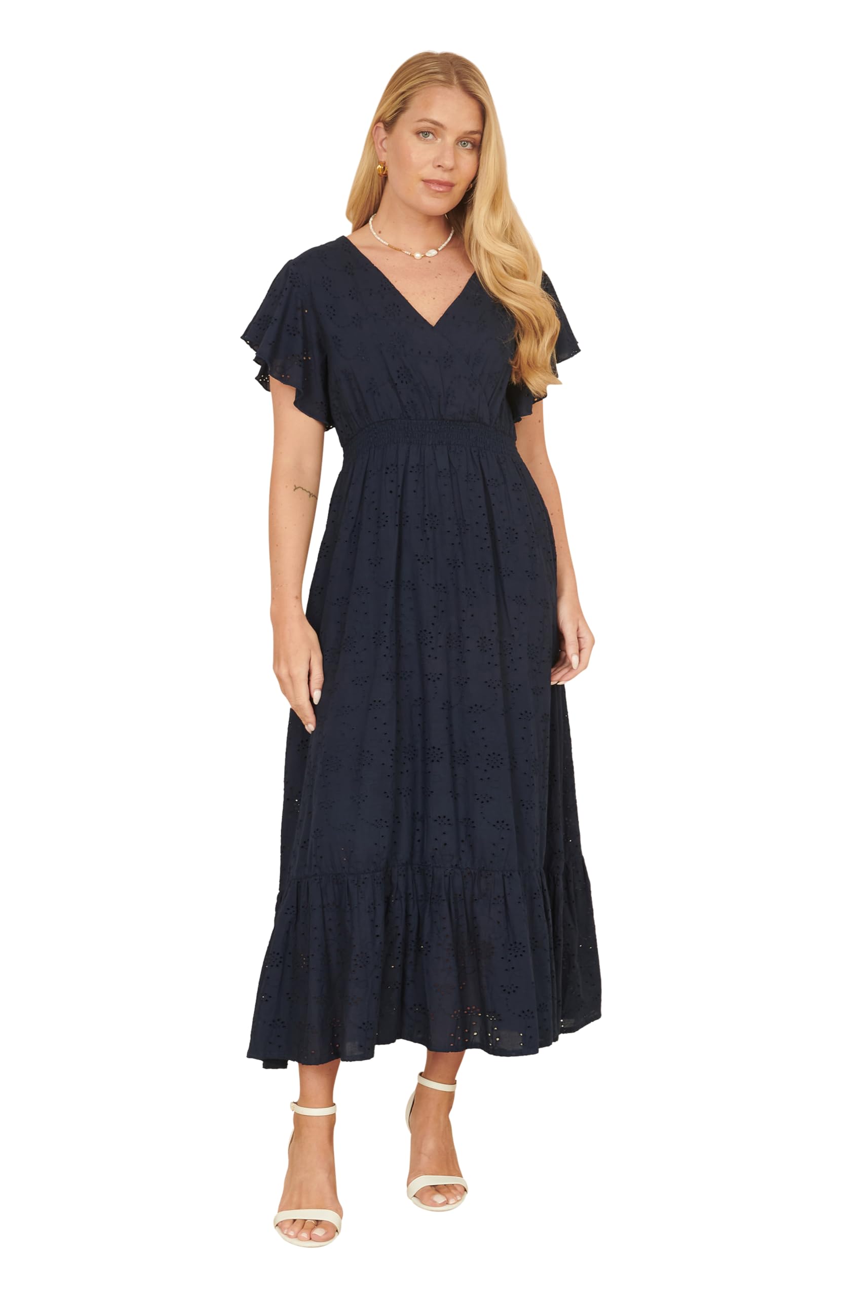 Yumi Women's Navy Cotton Broderie Anglaise Wrap Midi Dress | Size: 12