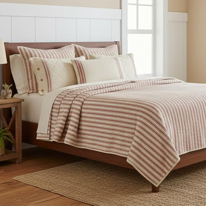 Market Place Red Luxury King Quilt, 100% Cotton Quilted Bedspread with Red Ticking, Hand Quilted Grain Sack Bed Spread Bedding for Boho, Shabby Chic