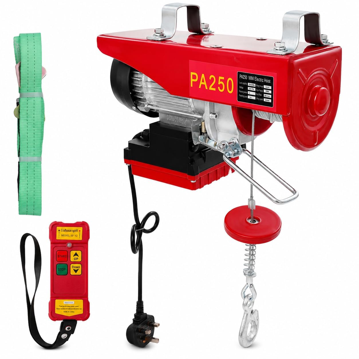 Paranco elettrico con telecomando senza fili, portata 800 kg, altezza di sollevamento 12 m, include 2 cinghie e ganci, per garage o magazzino
