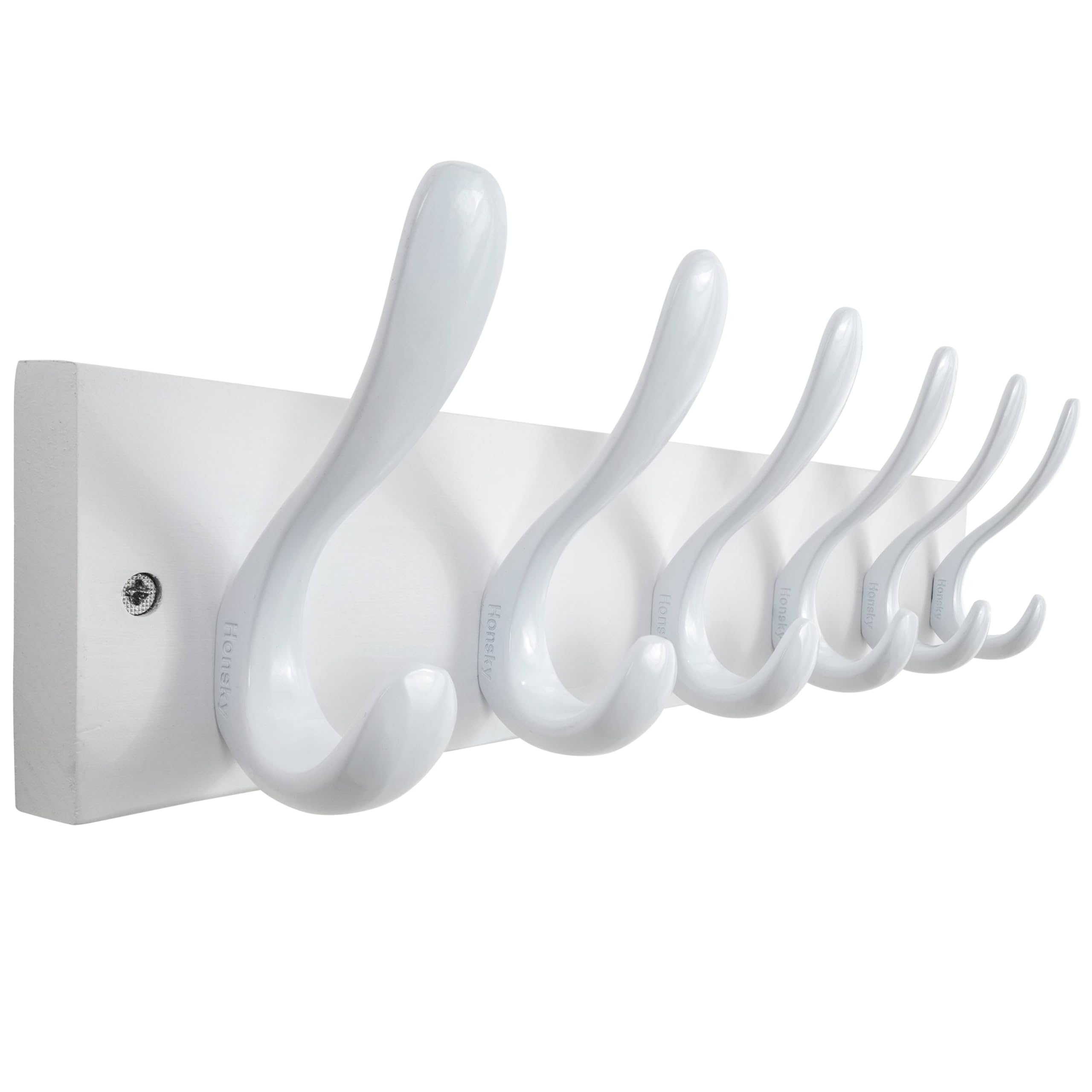 HONSKY Wall Coat Rack, 43cm Wooden Coat Hanger with 6 Double Hooks,Wall Coat Hook,Towel Rack Hanging Coat,Towel,Bag for Entryway, Hallway, Bedroom, Living Room,White Base/White Hook