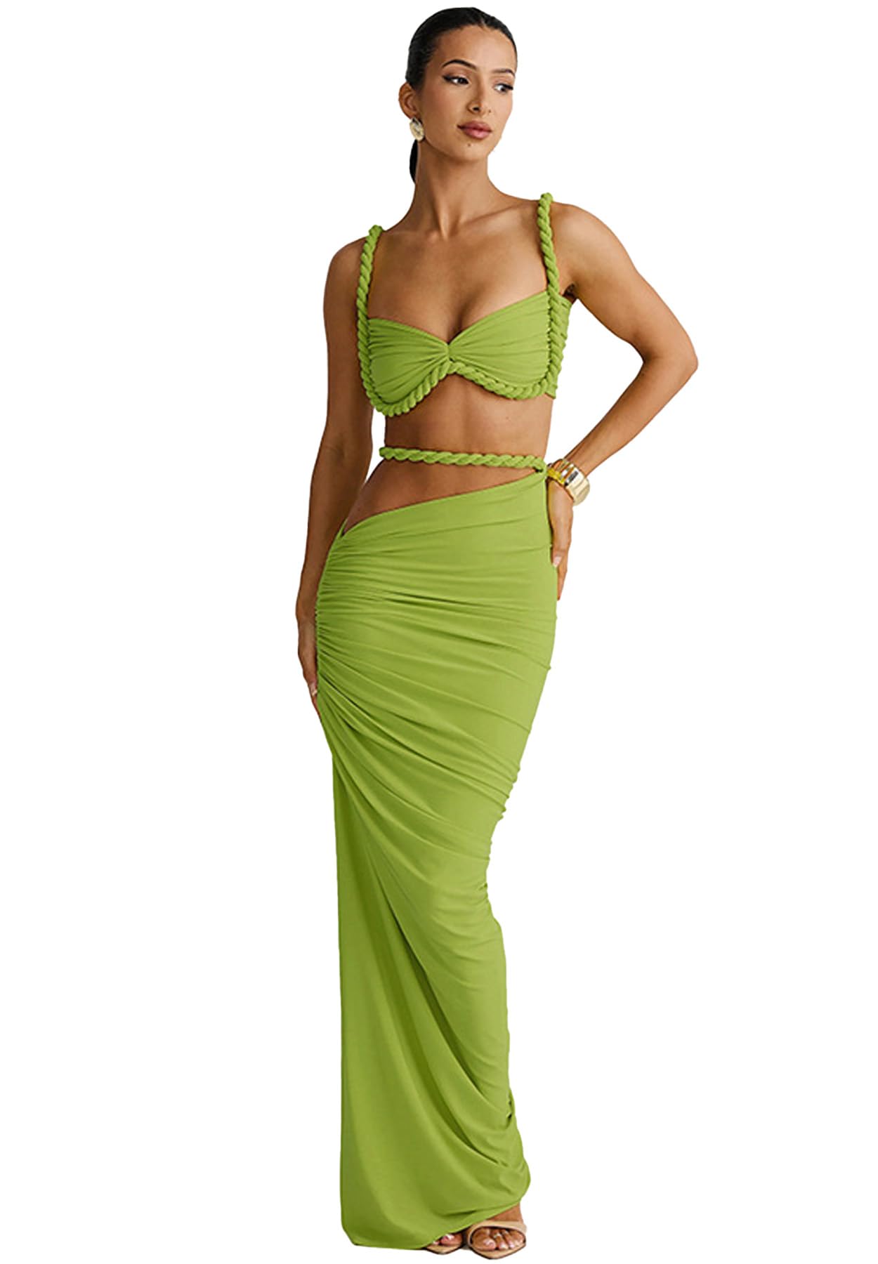 Set da donna con gonna a due pezzi, estivo, da spiaggia, sexy, increspato, schiena scoperta, top e gonna ritagliata, abito da notte