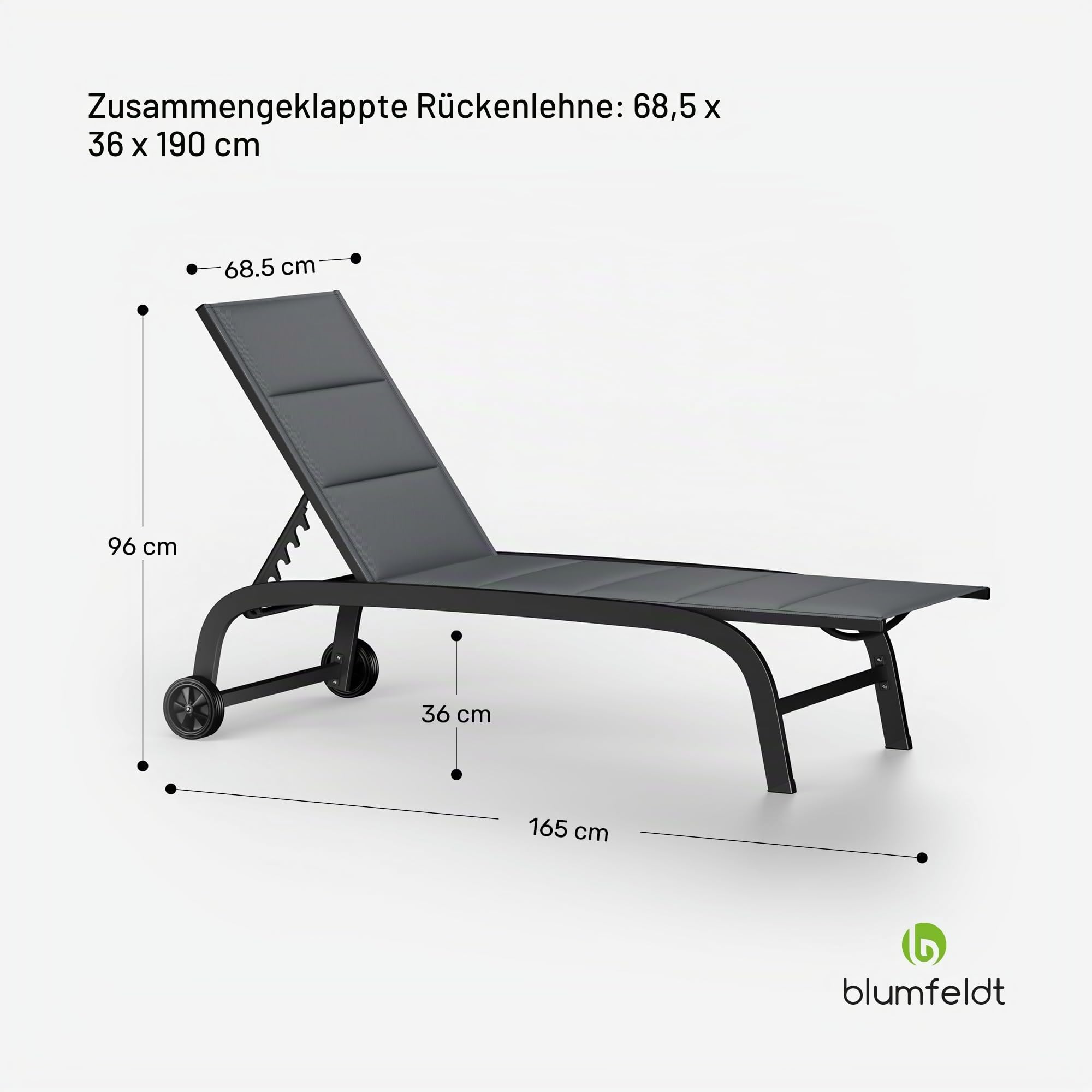 blumfeldt Sonnenliege, Gartenliege mit Verstellbarer Rückenlehne, Liegestuhl mit Rahmen aus Aluminium, Lounger mit wasserfesten Bezügen, mit Bodenrollen, Typ: Limala, schwarz