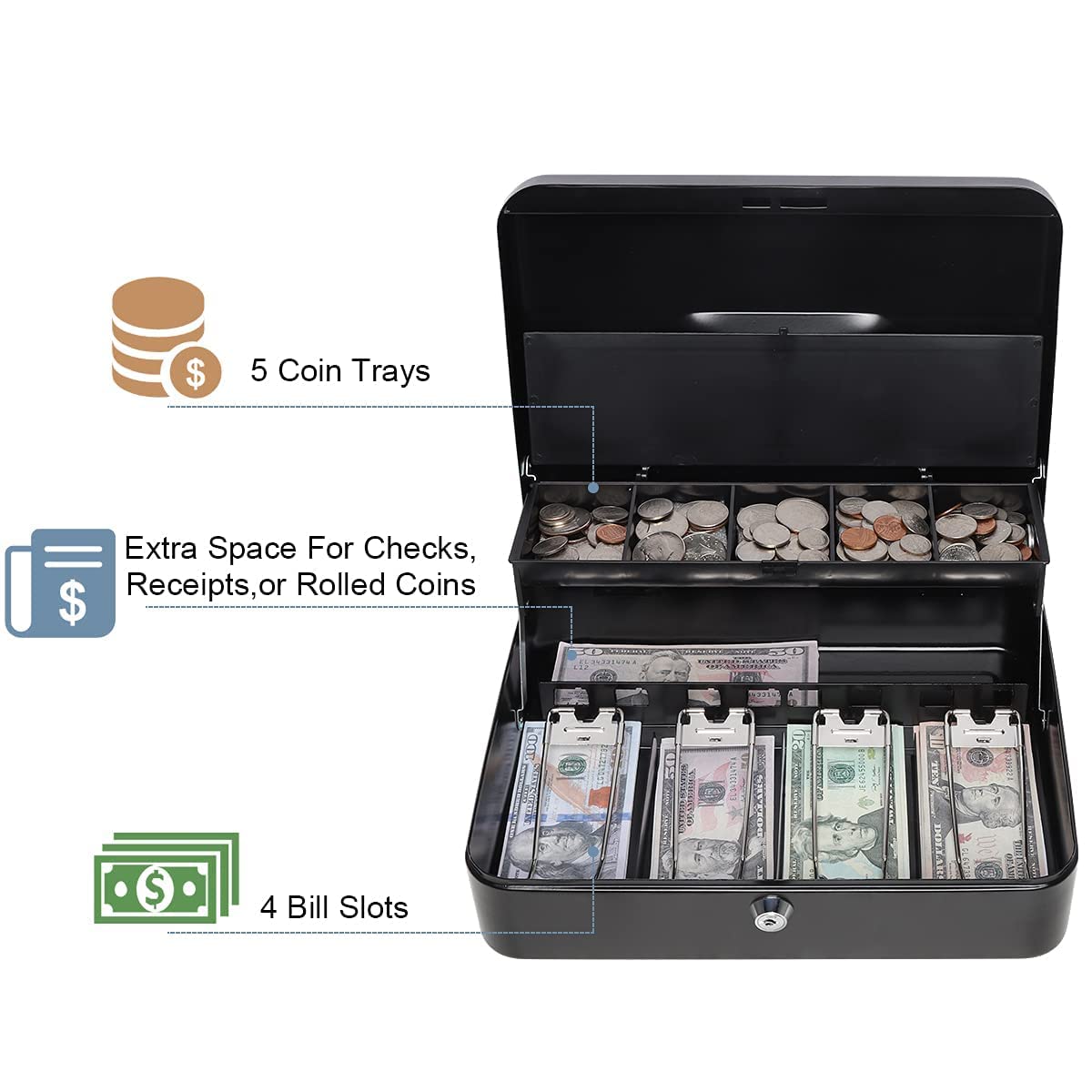 AARKRI SALES Steel Cash Box with Safe Key Lock | Tiered Money Coin Tray and Bill Slots | Portable and Compact | 2 Keys | Cash Box with Money Tray and Combination Lock Metal 2
