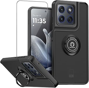 QUIETIP Case for Motorola Edge 70 with Screen Protector,Magnetic Ring Car Stand Silicone Translucent Matte Drop Protection Cover,Black
