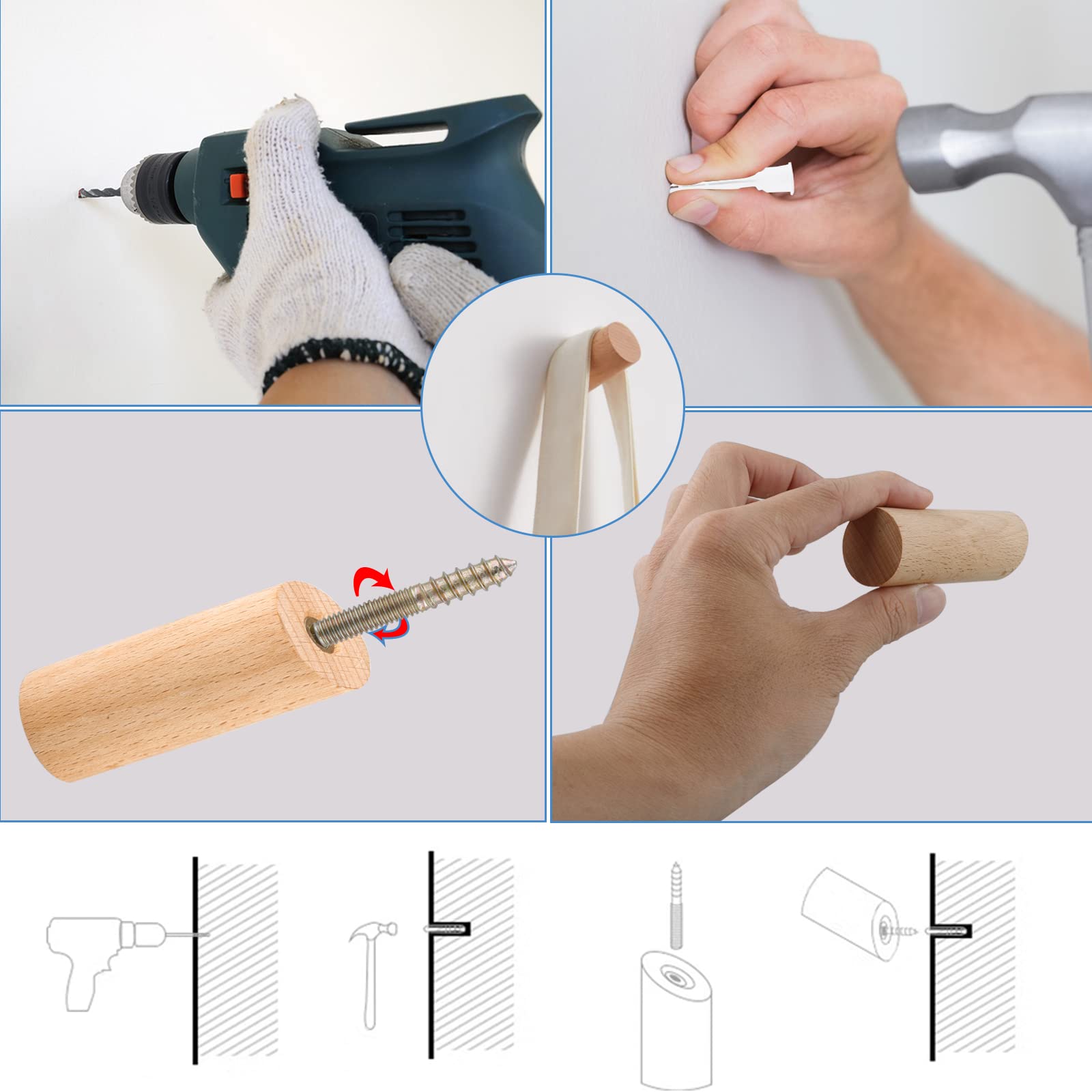 MOAMUN Lot De 4 Crochets Muraux En Bois De Chêne Naturel, Crochets Muraux Robustes, Crochets Muraux Décoratifs Vintage En Bois Pour Accrocher Manteaux, Clés, Casquettes, écharpes, Sacs, Serviettes