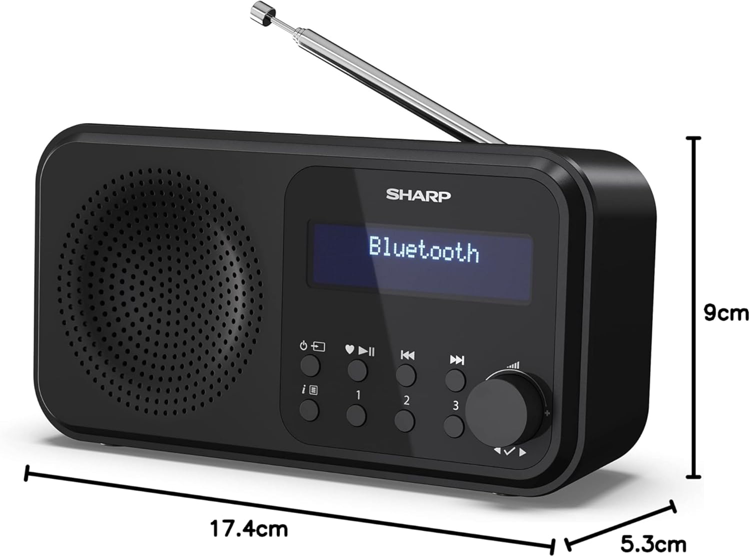 Diagram showing the dimensions of the SHARP DR-P420(BK) radio: 17.4cm length, 5.3cm width, 9cm height.