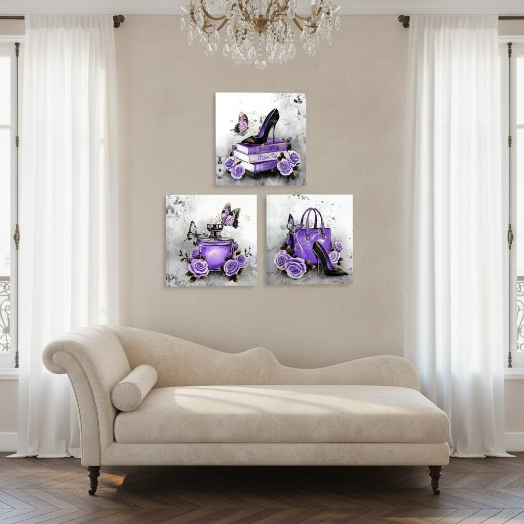 OuElegent Purple Grey Wall Decor Fashion Wall Art Handbag Perfume Pictures Fashion Paintings for Women 12''x12''x3(Purple)