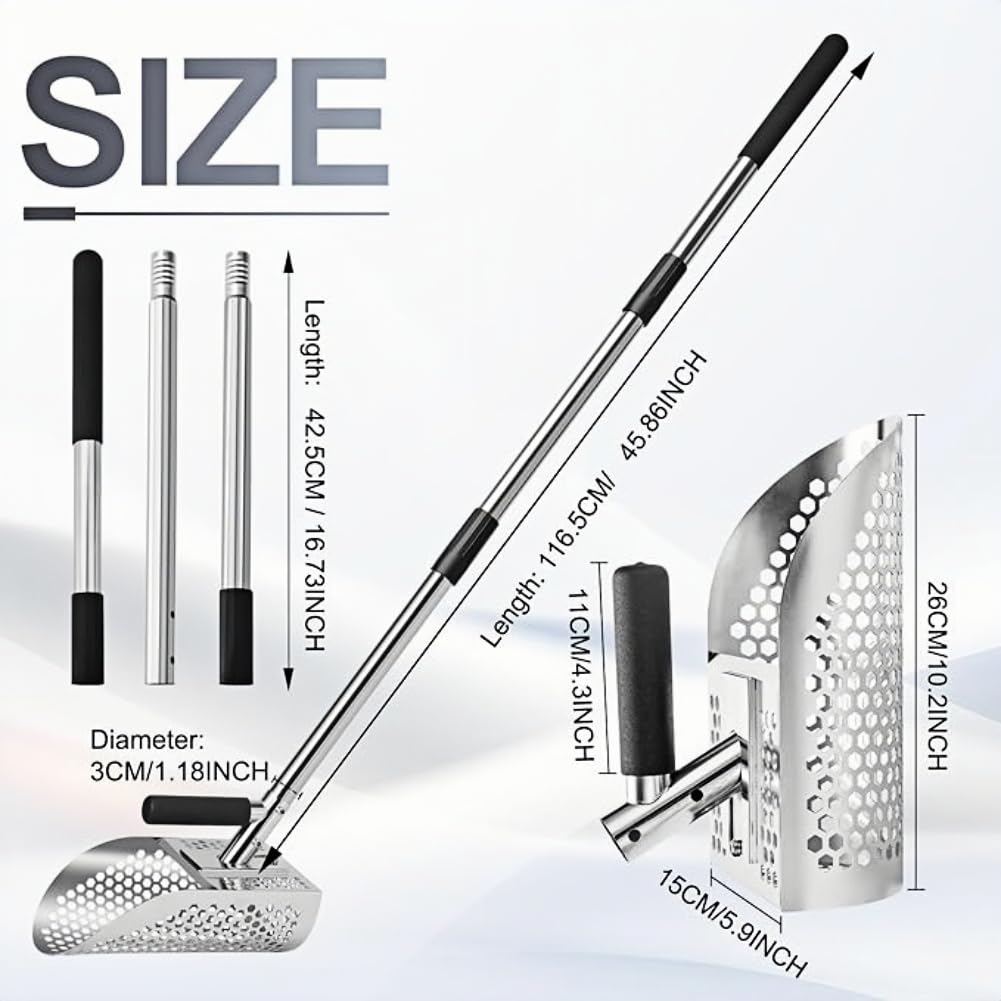 Heavy Duty Stainless Steel Metal Detecting Sand Scoop, Sand Scoop Handheld mit langen Stahlgriff Pole Design, ideal für Unterwasser-Schatzsuche Sandflohharke für den Strand