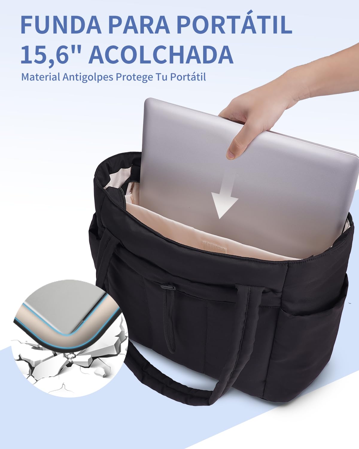 Wandering Nature Bolso Mujer Acolchado Grande, Bolso Shopper Mujer con Compartimento para Portátil 15.6" y Portabotellas 40oz para Negocios Escuela Viajes, (Patente en Trámite)
