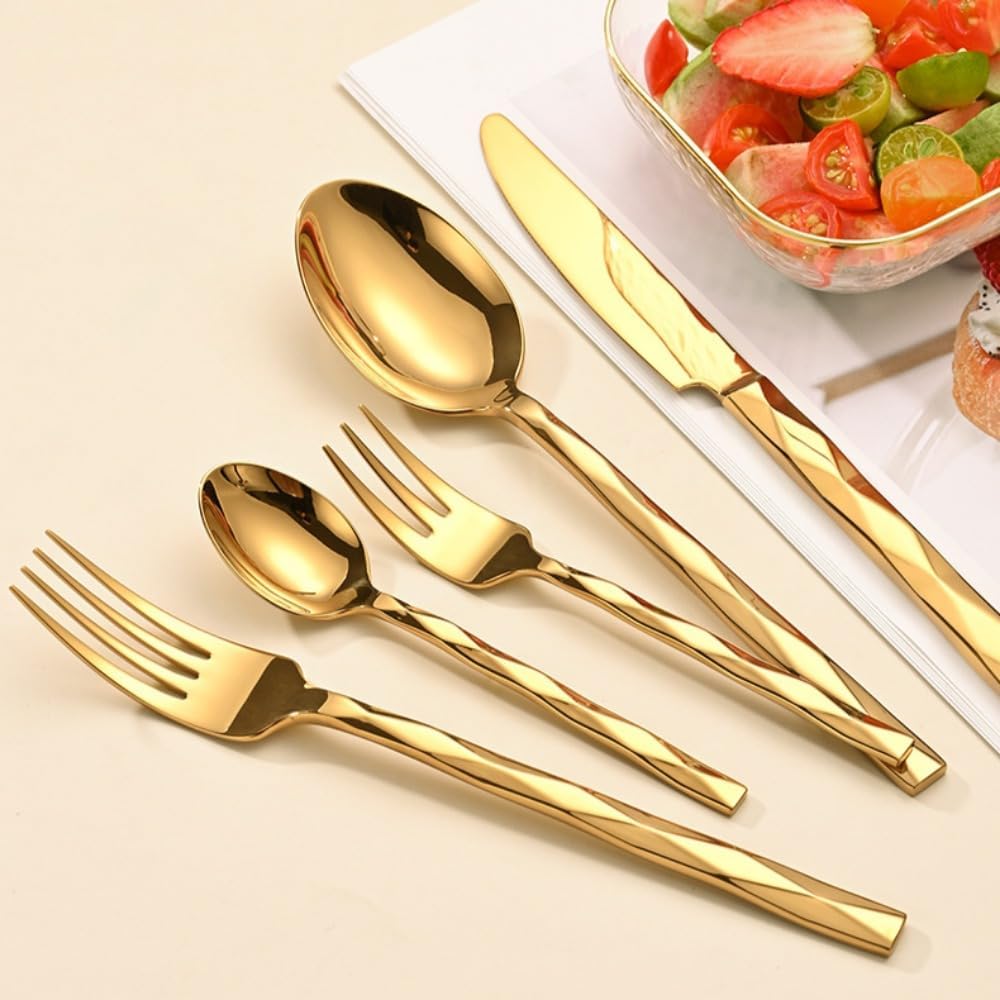 Forged Diamond Handle Kitchen Stainless Steel Silverware Tableware Flatware Cutlery Set Steak Knife Fork Spoon Teaspoon (Gold,5 pieces)