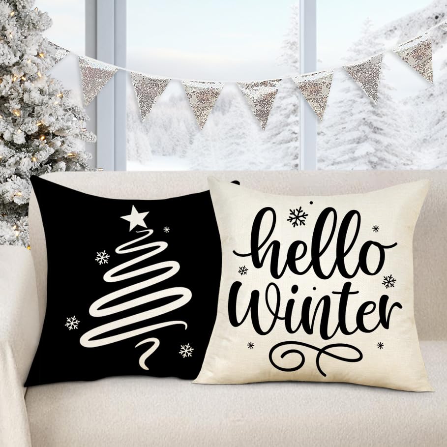 Juego de 4 fundas de almohada de Navidad negras de 18 x 18 pulgadas, decoración de Navidad de granja, copos de nieve, hola invierno, decoración de vacaciones, funda de cojín para el sofá 4