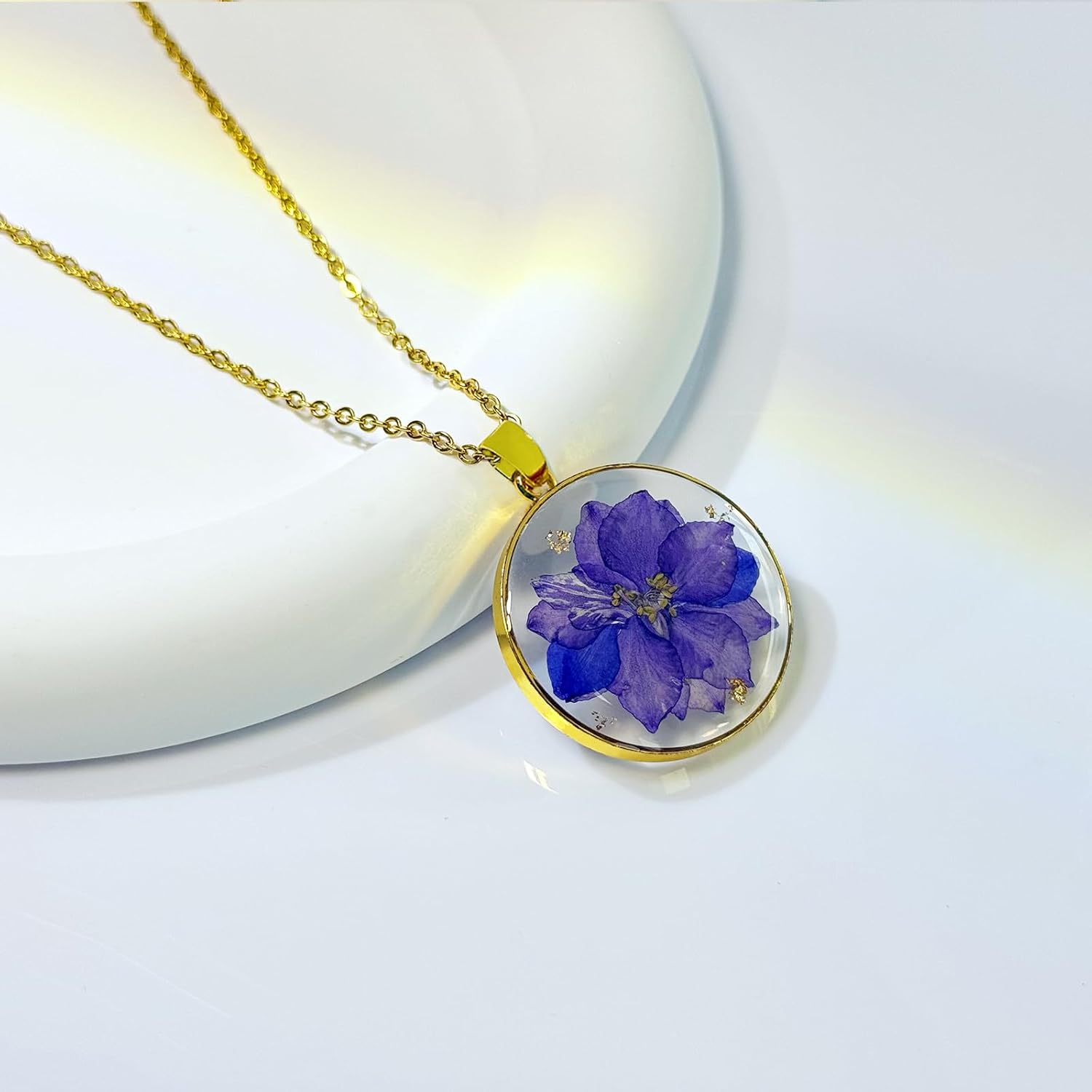 Birth Flower Necklaces For Women - 1-12 Month Necklace - Handmade Pressed Flower Necklace - Unique Holiday Gift - Gold 18" - Image 3