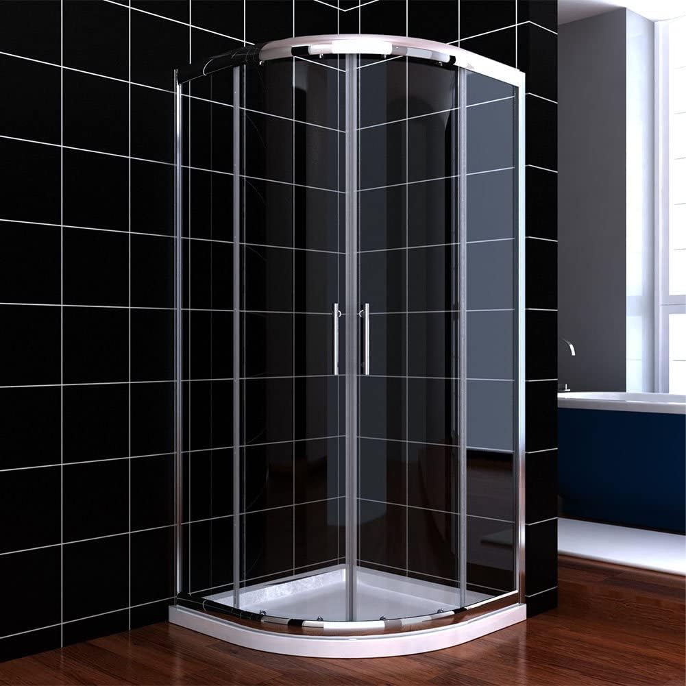 ELEGANT 900 x 900 mm Quadrant Shower Cubicle Enclosure 6mm Glass Sliding Shower Door with White Slate Effect Lightweight Slate Shower Base + Waste
