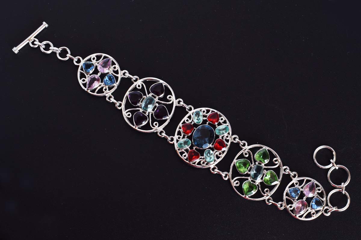 Pulsera de plata de ley 925 con múltiples cuarzo, chapado en rodio blanco, multicolor, bisel facetado, juego de joyas de palanca
