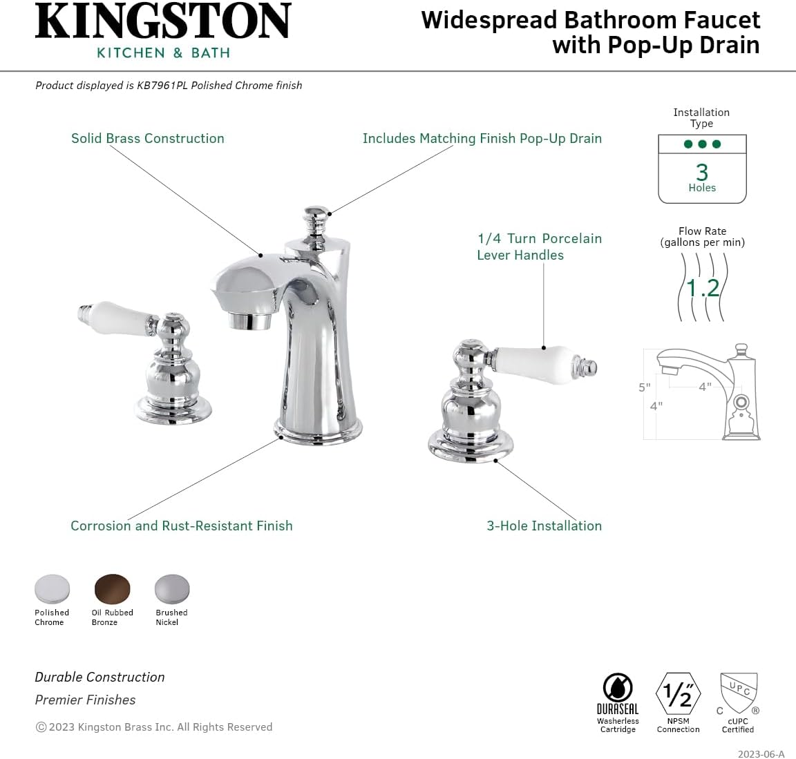 Kingston Brass KB7968PL Victorian Widespread Lavatory Faucet, Brushed Nickel