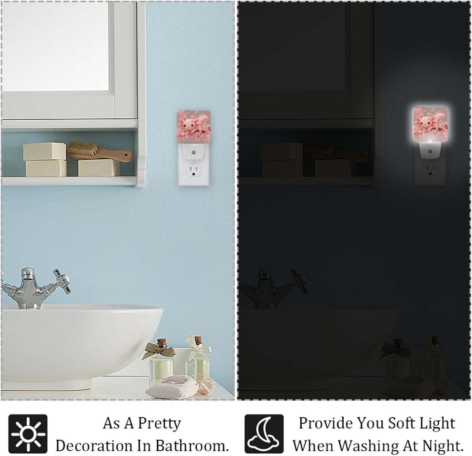 NEWzone Cute Axolotl Cherry Blossom Night Lights Auto Sensor Plug-in LED Nightlights Dusk to Dawn for Living Room, Bedroom, Bathroom, Kitchen, Hallway, Stairways