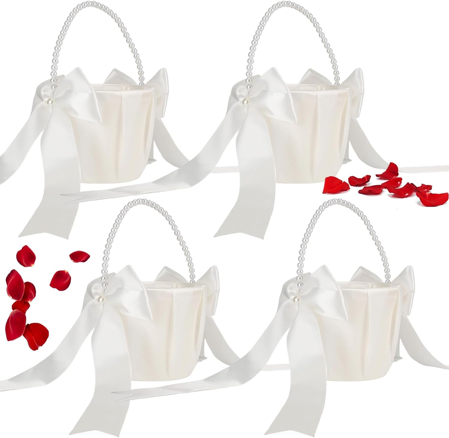 4PCS Flower Girl Basket for Wedding, White Satin Bowknot Flower Baskets Pearl Collection, Wedding Baskets for Flower Girls