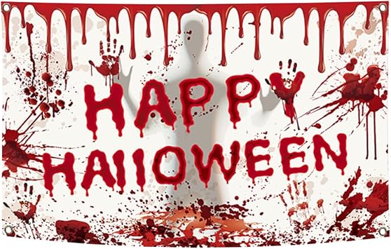 Happy Halloween Backdrop, 70.87 * 43.31 Inch Banner Decor Scary Party Theme Decorations Supplies for Patio Indoor and Outdoor White