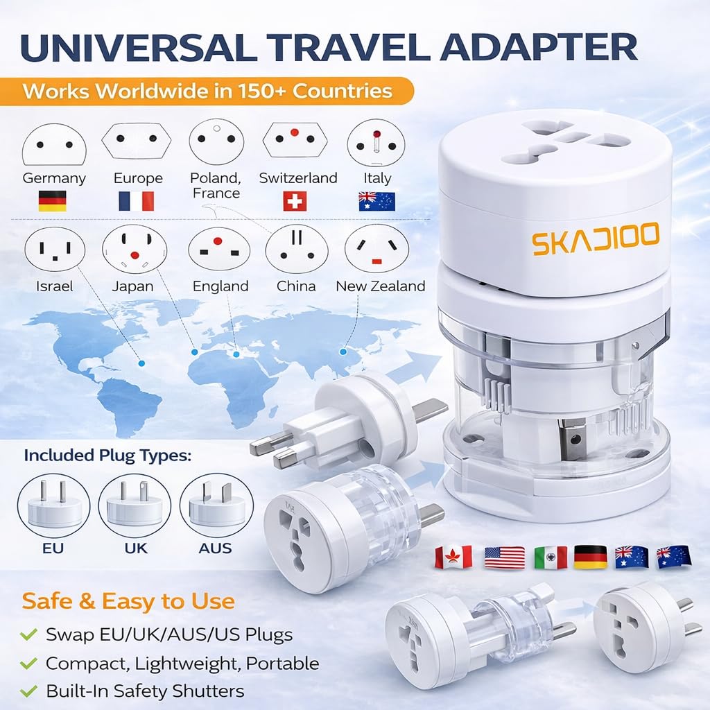 SKADIOO Universal Charger Adapter | 2 Years Warranty, 240V | Universal Travel Adapter All in One, International Travel Adapter for 150+ Countries, Ideal for Worldwide Travel (White, Set of 1) — Amazon image 2